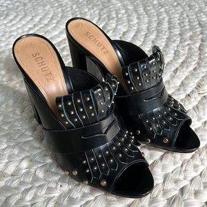 Schutz Black Leather Block Sandal